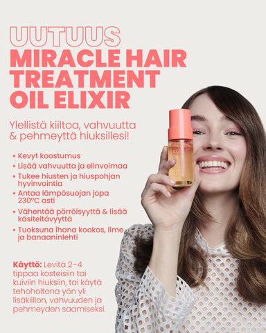 Nainen pitelee ELEVEN Australia Miracle Hair Treatment Oil Elixir -hiusöljyä