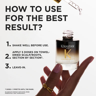 Kérastase Chronologiste Longevity Potion -seerumin käyttöohje hiuspohjalle.