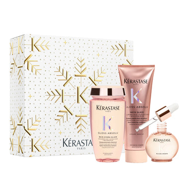 Kérastase Gloss Absolu Trio Holiday Set 2026 -lahjapakkaus pörröisyyteen taipuville hiuksille.
