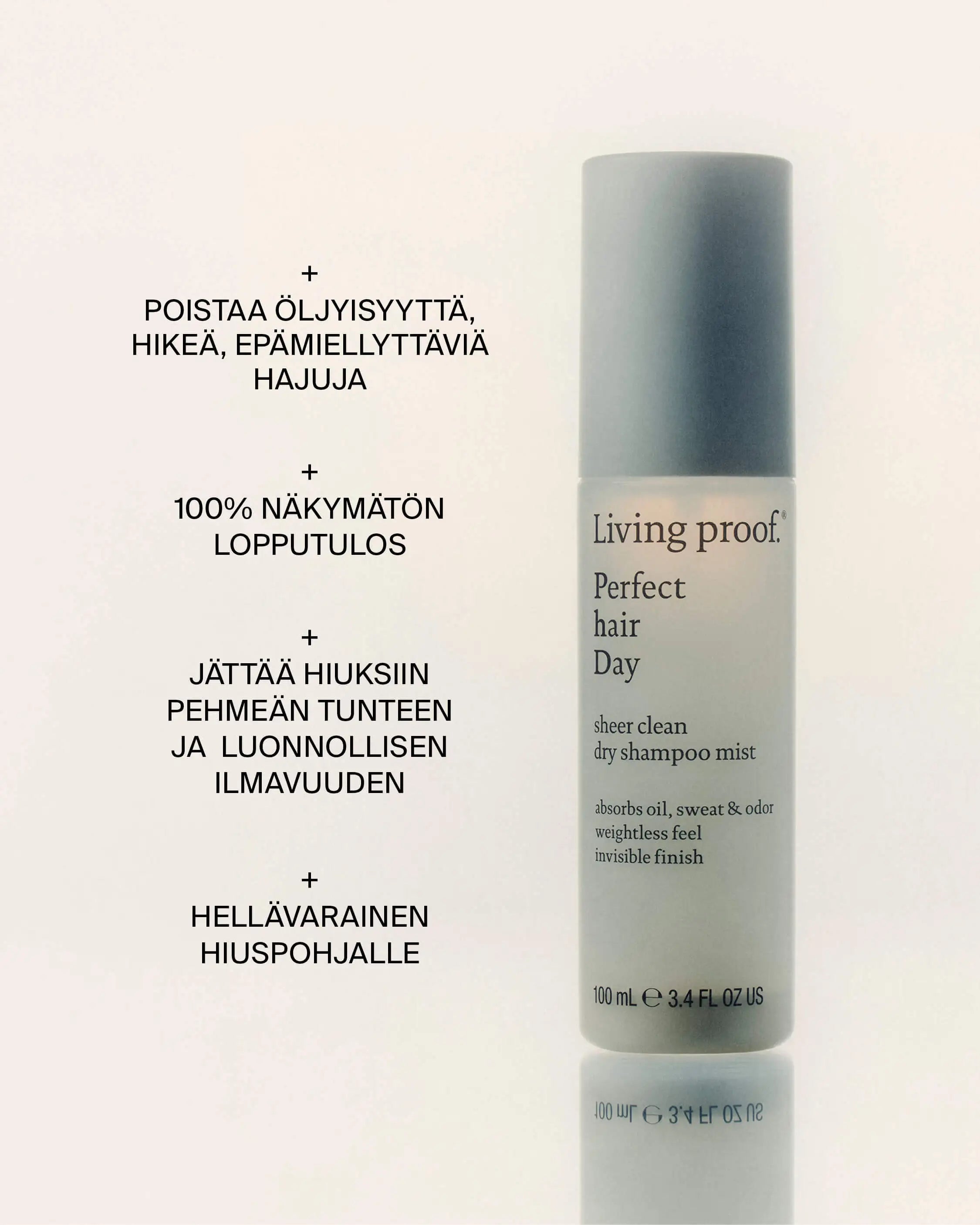 Living Proof Sheer Clean Dry Shampoo Mist -kuivashampoon hyödyt: poistaa rasvaisuutta ja hikeä sekä jättää hiukset pehmeiksi