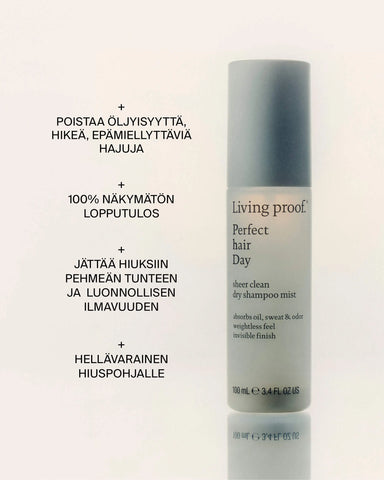 Living Proof Sheer Clean Dry Shampoo Mist -kuivashampoon hyödyt: poistaa rasvaisuutta ja hikeä sekä jättää hiukset pehmeiksi