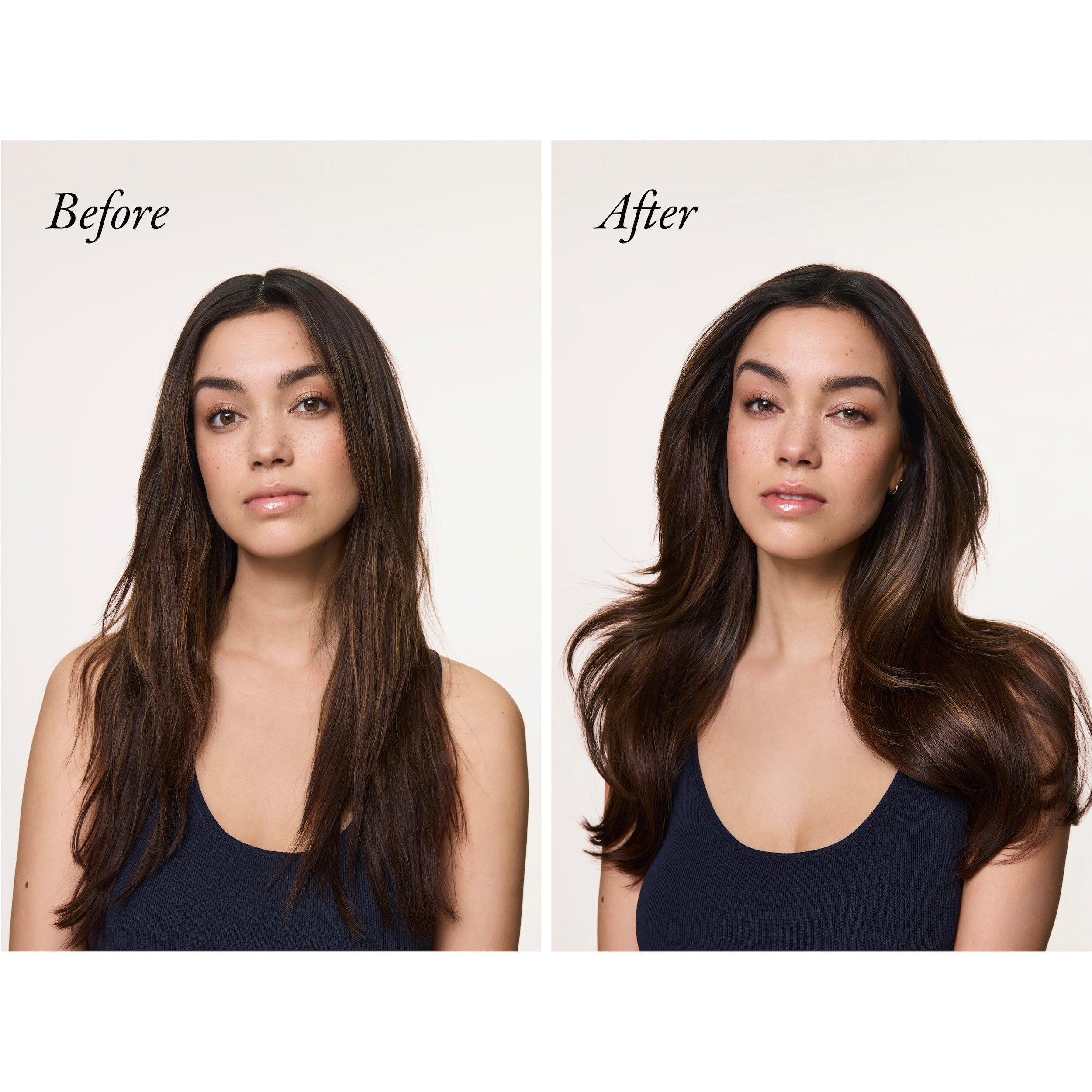 Oribe Mirror Rinse Glass Hair Treatment ennen ja jälkeen